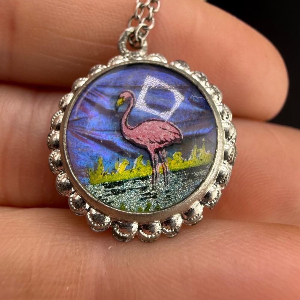 Vintage Estate Necklace Silver Butterfly Wing Flamingo Palm Tree 18in